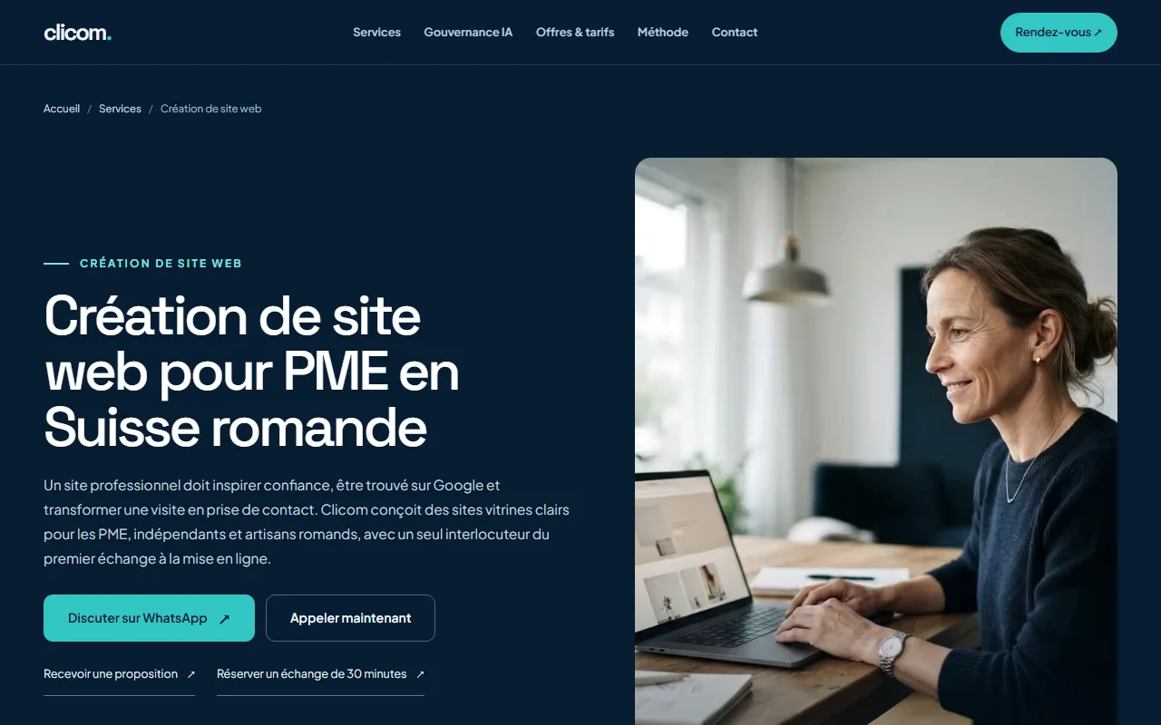 Aperçu réel de la page création de site Clicom, avec ses informations et ses moyens de contact
