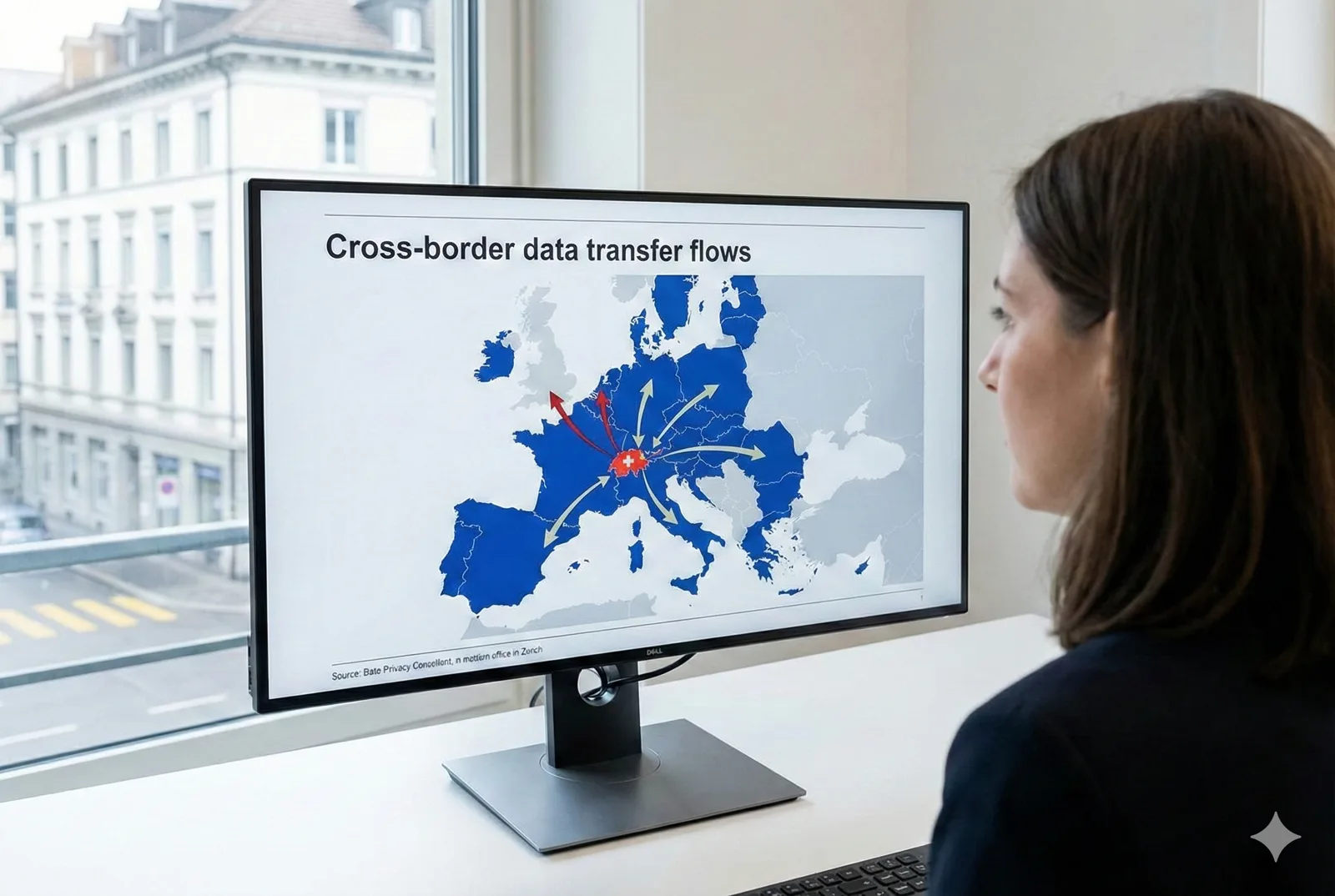 Infographie du transfert de données entre la Suisse et l’Union européenne.