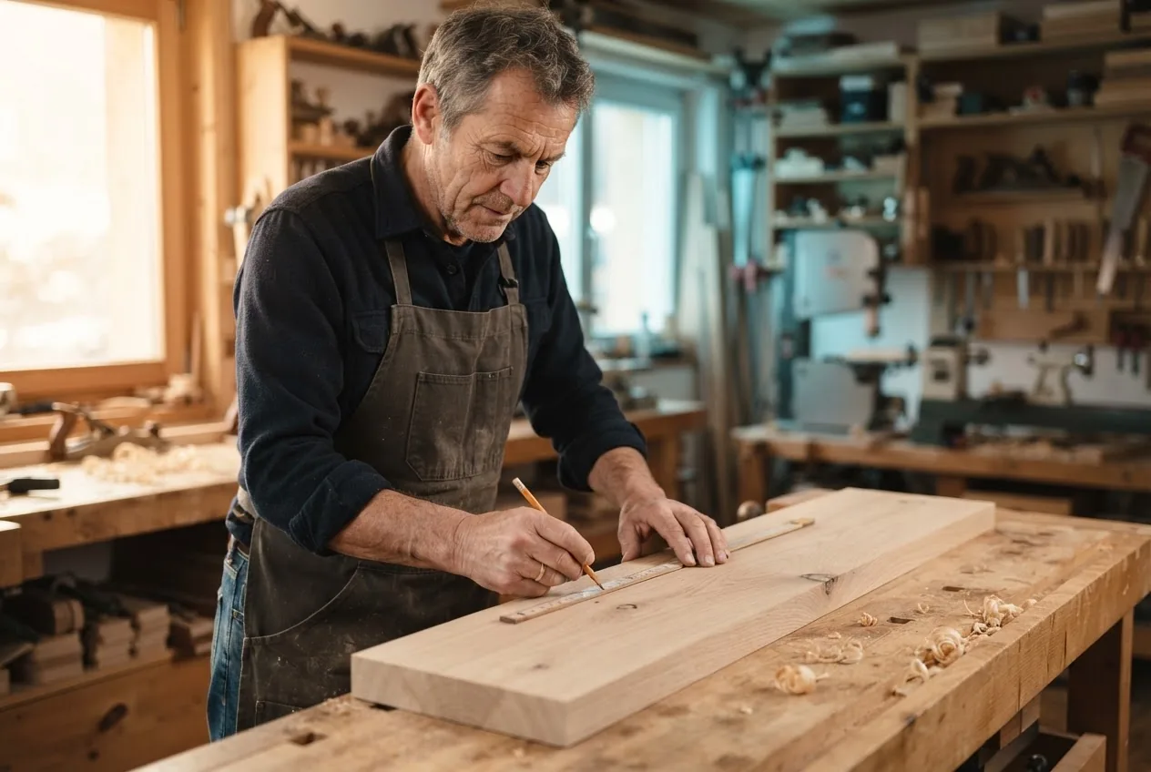 Un menuisier trace une mesure sur une planche dans son atelier