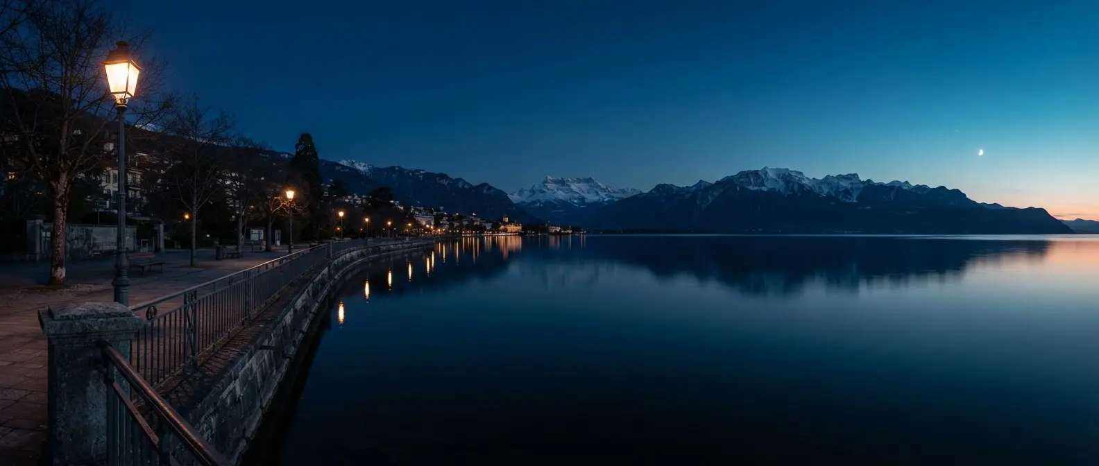 Promenade au bord d’un lac et montagnes au crépuscule