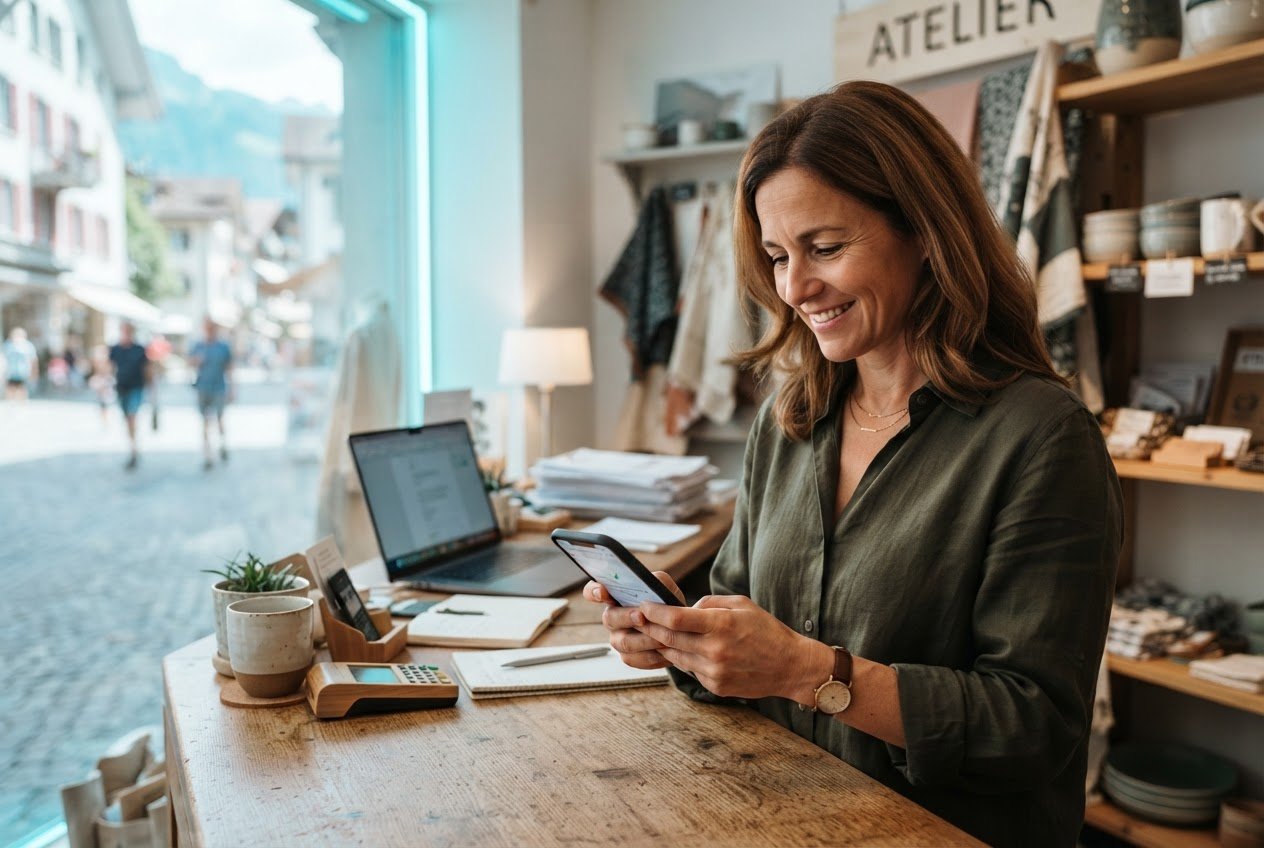 Une femme consulte un écran au comptoir d’une boutique